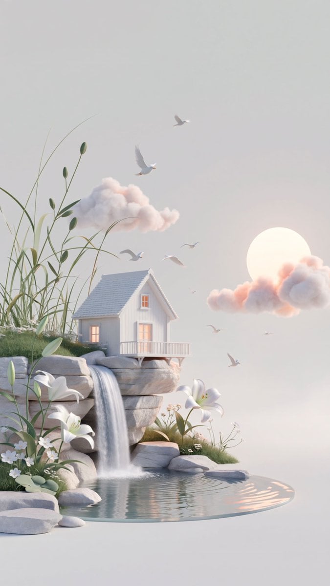 dreamy surreal 3D illustration, vertical composition with a minimalist pale gray background and most elements arranged a