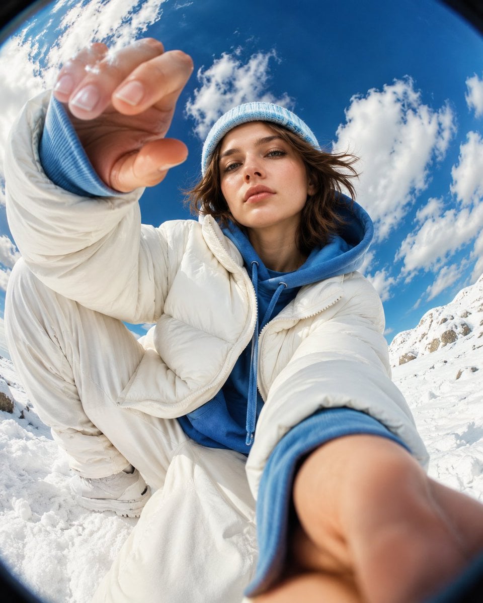 Ultra-premium streetwear portrait captured from an extreme overhead fisheye lens, featuring oversized hands creating dra