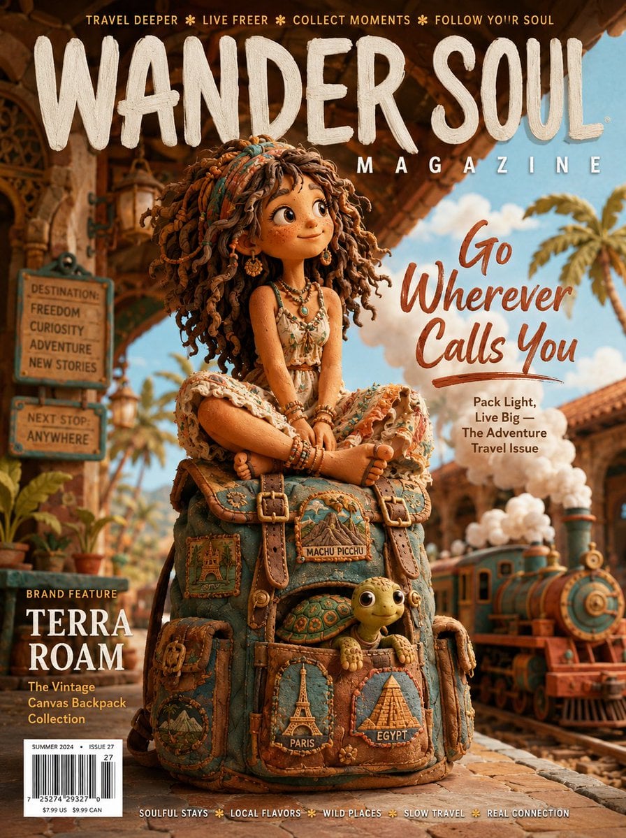 [SUBJECT]: A free-spirited claymation girl with wild clay curls and a boho clay sundress, sitting cross-legged on a vint