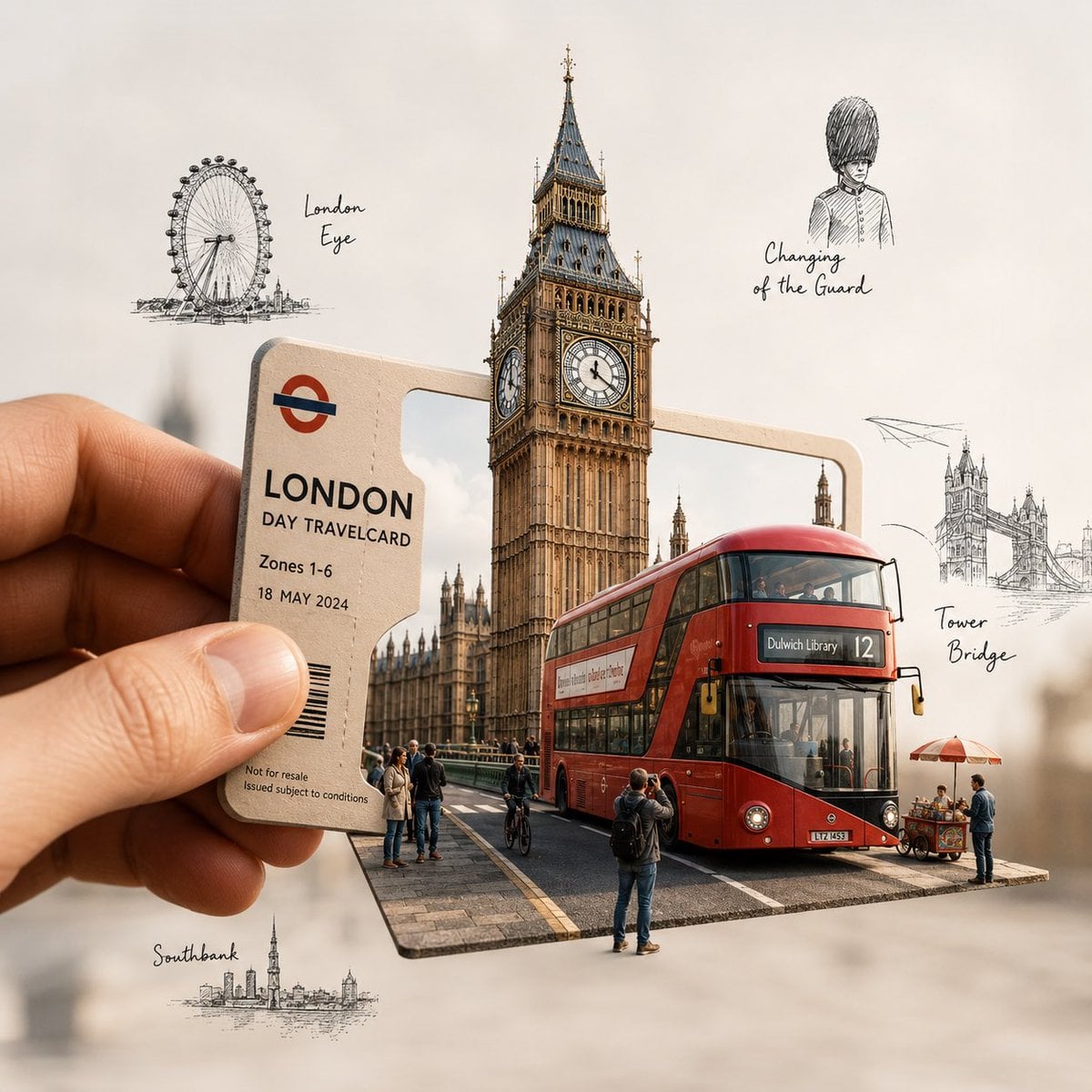 Create a highly detailed, premium travel-art illustration featuring a hand holding a [CITY-SPECIFIC TICKET/PASS] in the 