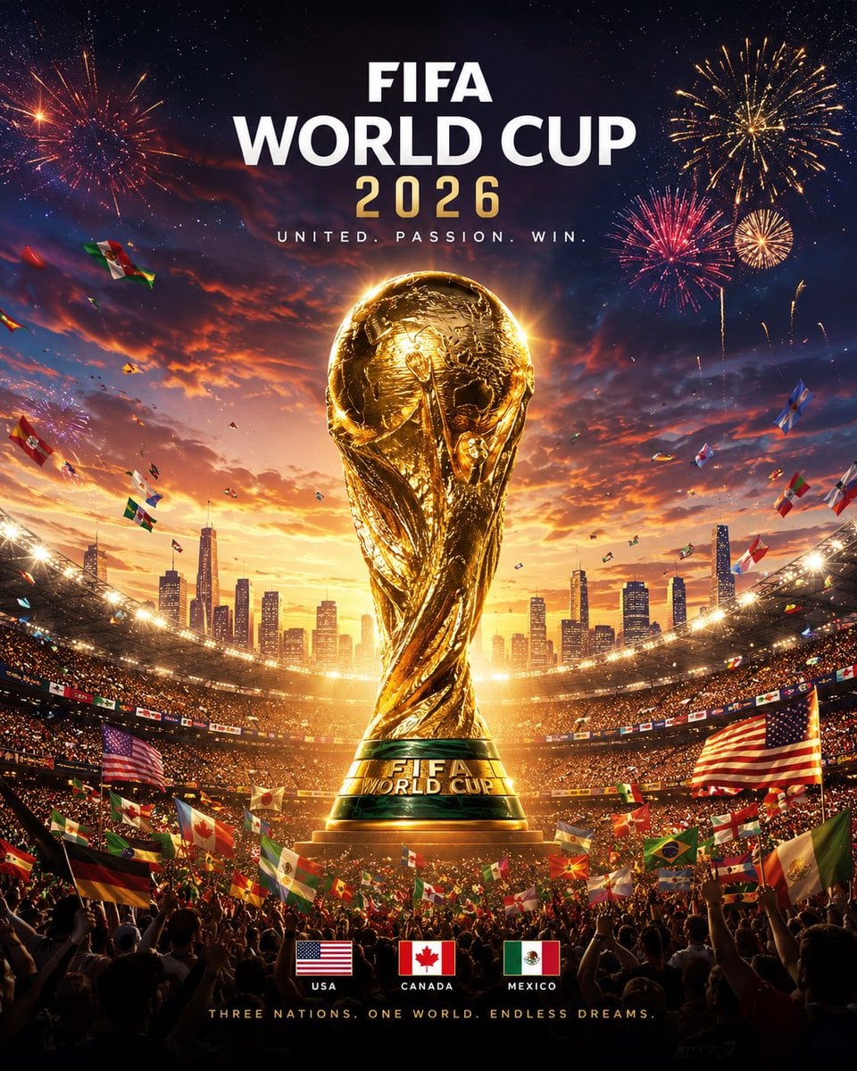 FIFA World Cup 2026 official-style cinematic poster, giant golden World Cup trophy standing at the center of a futuristi