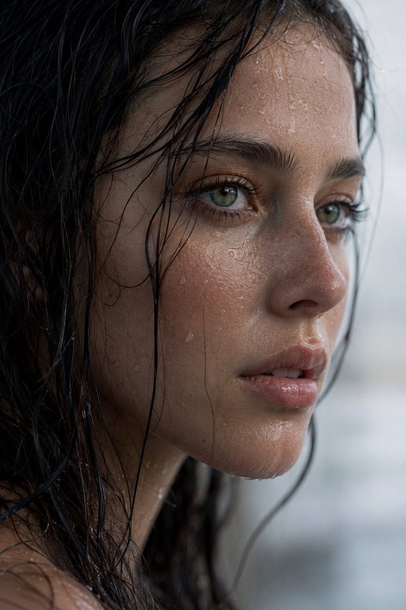Extreme wet close-up portrait of a young woman in side profile. Dark, rain-soaked hair naturally clinging to her skin an