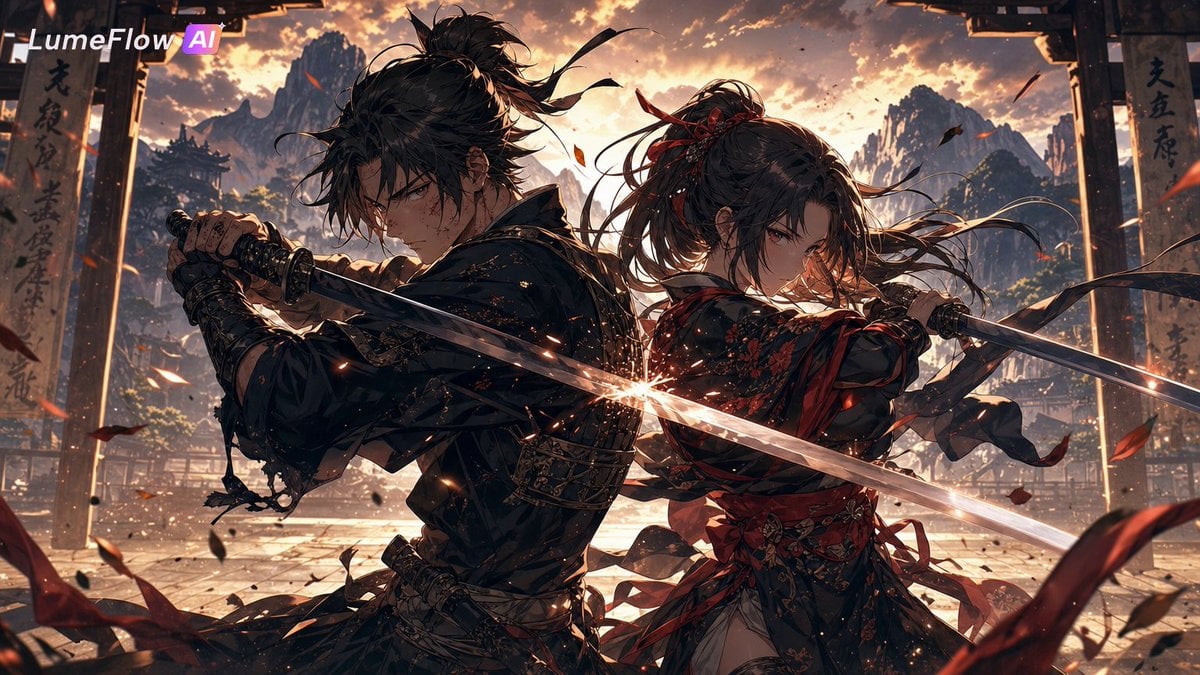 A powerful anime couple training together in a vast mountain dojo at golden sunrise, cinematic side-angle shot. The boy 