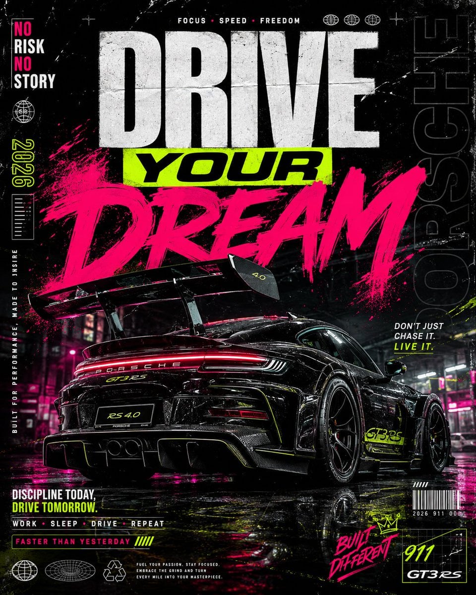 Ultra-premium automotive streetwear poster design featuring a black widebody Porsche 911 GT3 RS viewed from a dramatic r
