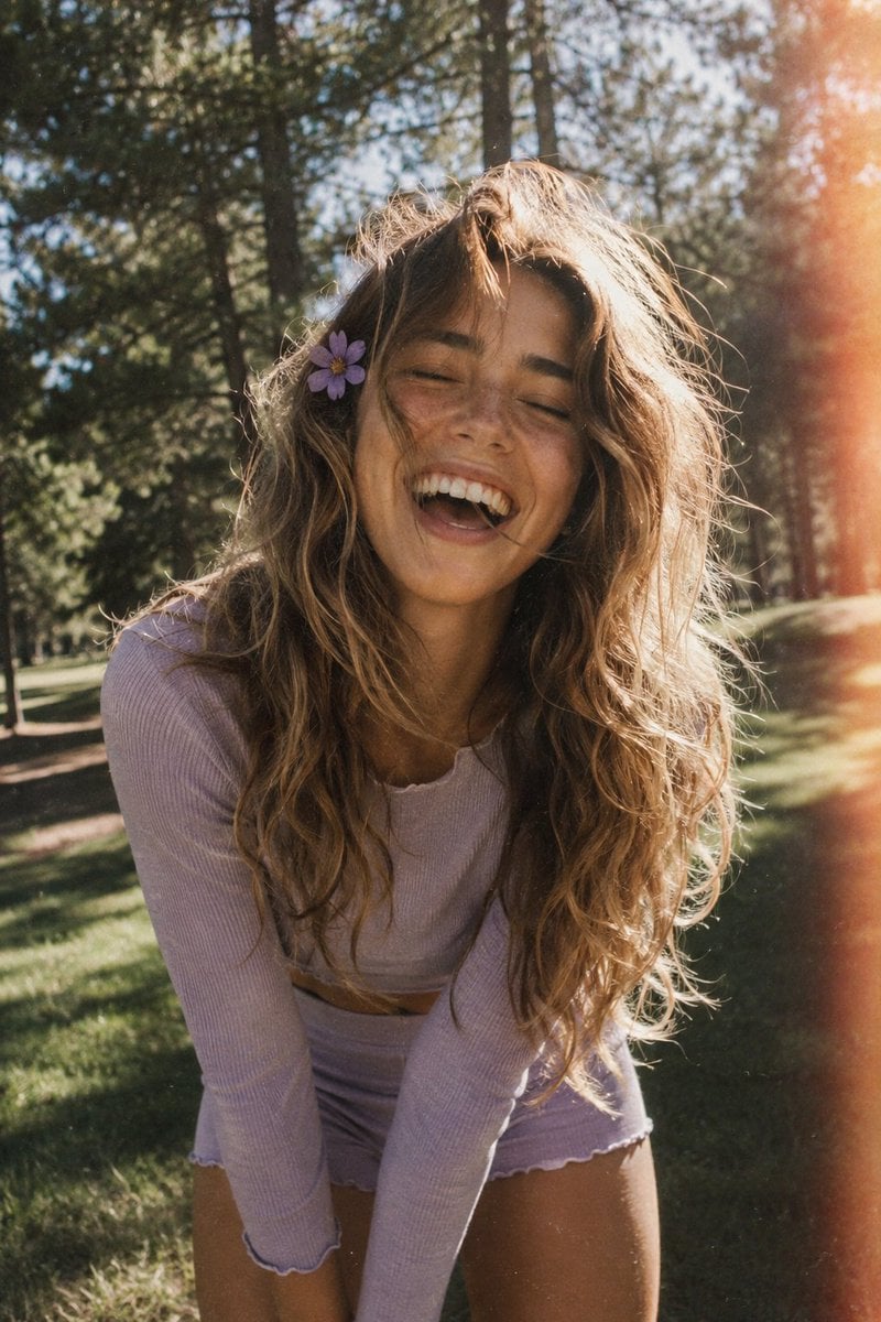 A candid, film-style portrait of a joyful young woman with long, voluminous, wavy light brown hair with blonde highlight