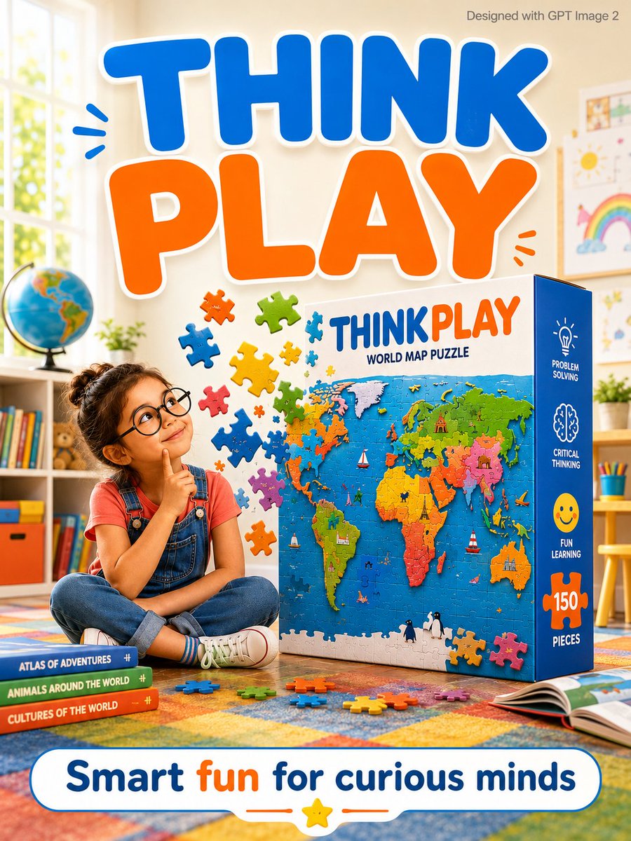 A bright educational kids advertisement poster. A curious young girl age 6 with big round glasses sits cross legged on t