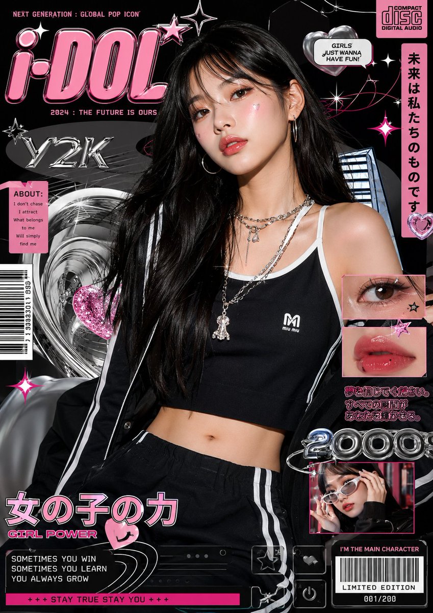 Ultra-stylized luxury fashion editorial poster featuring a confident young Asian woman centered in frame, glossy skin, s