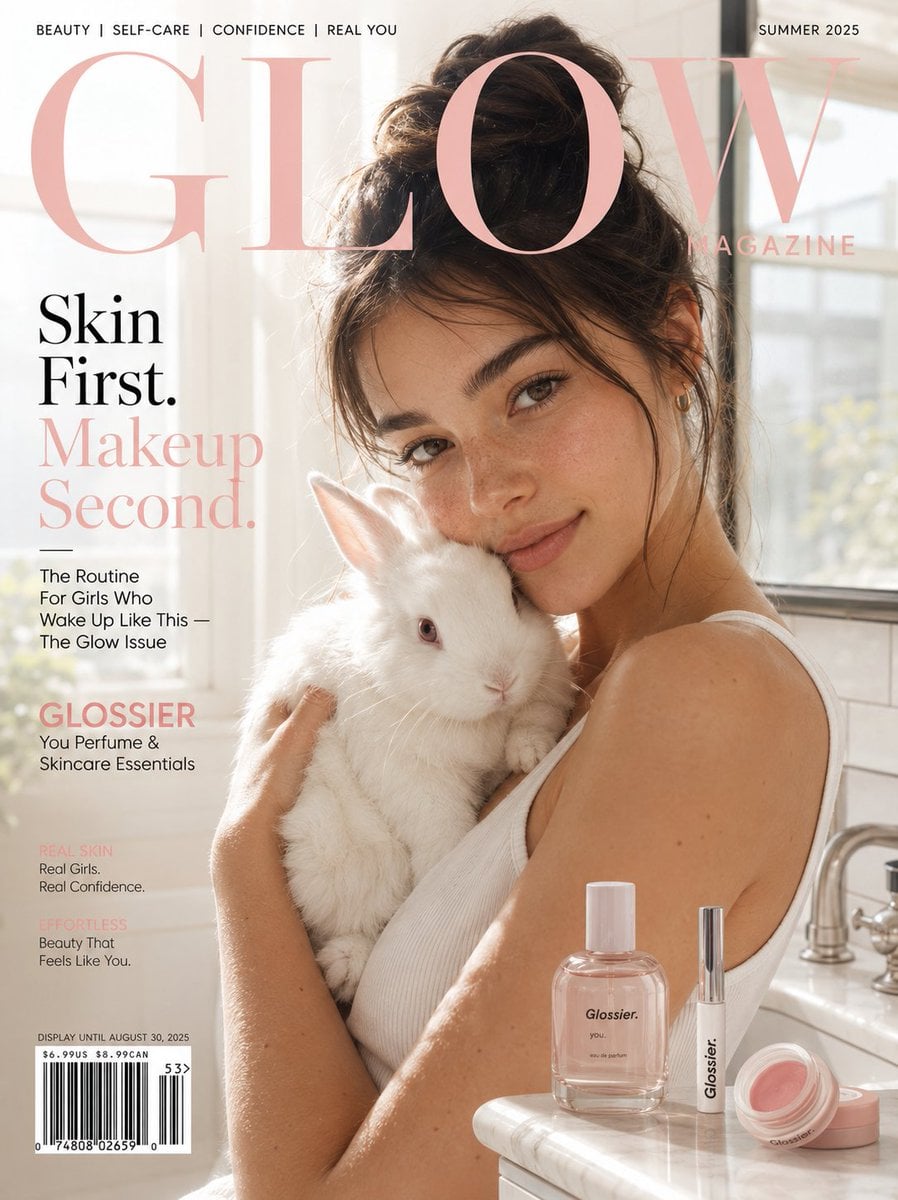 [SUBJECT]: A naturally beautiful girl with glowing no-makeup makeup skin in a white cotton tank top, holding a fluffy wh