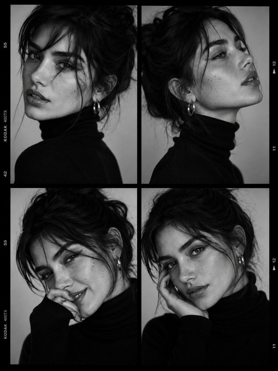 Ultra-viral black-and-white luxury fashion casting contact sheet portrait of a striking young woman with soft freckles, 