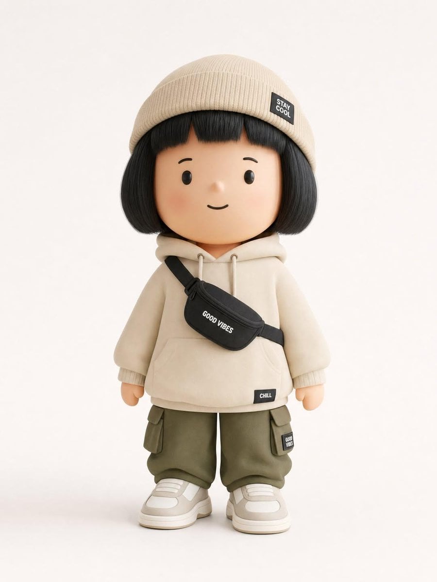 Generate a designer art toy / collectible figurine designed to showcase a trendy [Brand Name: Outfit of the Day] (OOTD).