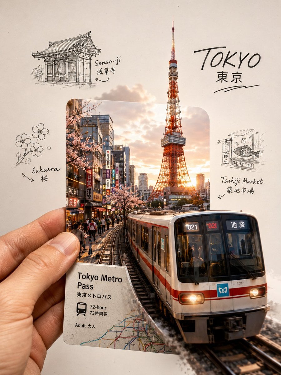 A highly aesthetic travel-journal collage of Tokyo, Japan, designed in a modern Pinterest-worthy scrapbook style. A huma