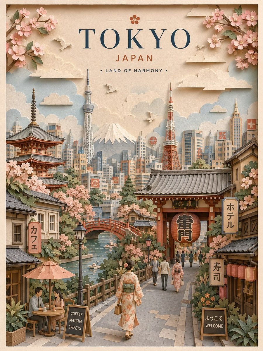 Create a highly detailed vertical travel poster in an elegant 3D layered paper-cut / papercraft diorama style.
Title:
[C