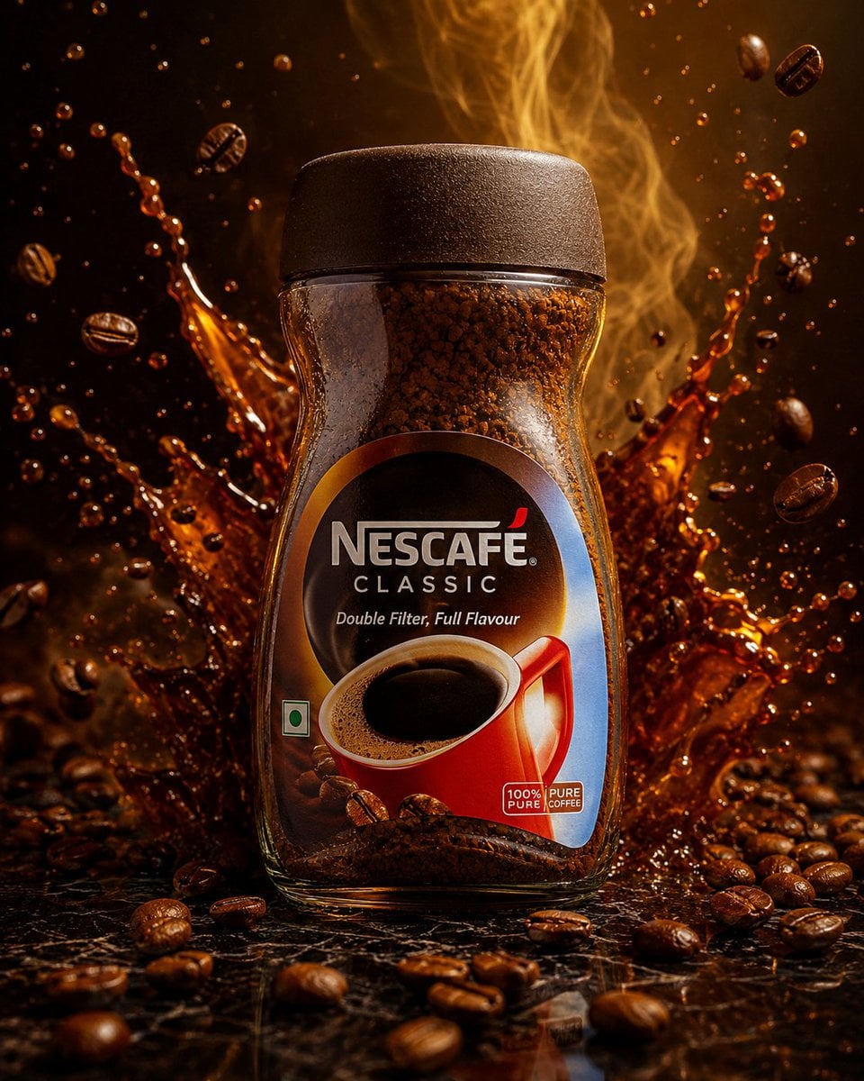 Ultra premium Nescafé coffee jar standing on a polished black marble platform, surrounded by swirling roasted coffee bea