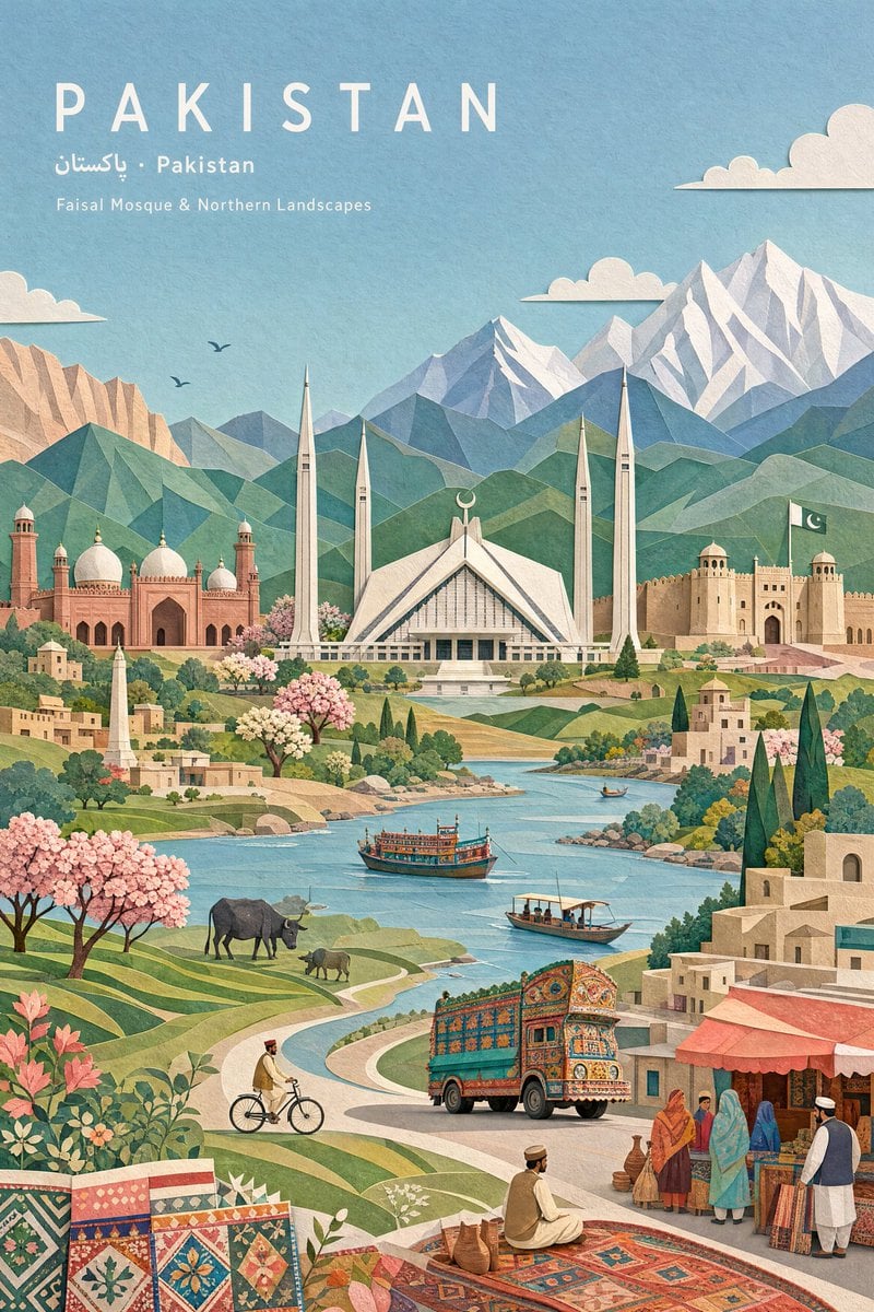 [Brand Name: PASTEL PAPER-COLLAGE STYLE META PROMPT]

Create a refined wide landscape illustration of Pakistan, naturall