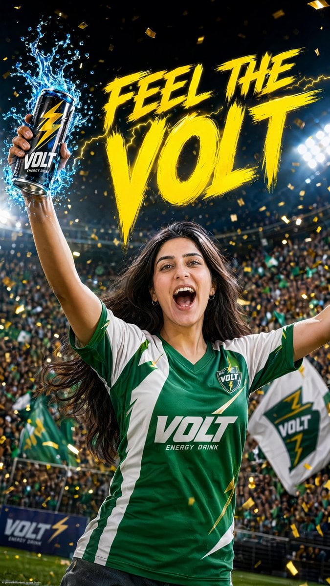 A high-energy commercial product advertisement for [Hero Subject: VOLT Energy Drink]. A beautiful young woman in her mid
