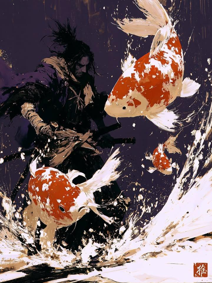 Dark ink wash painting, lone samurai warrior holding katana, wearing traditional black kimono and hakama, messy hair cov