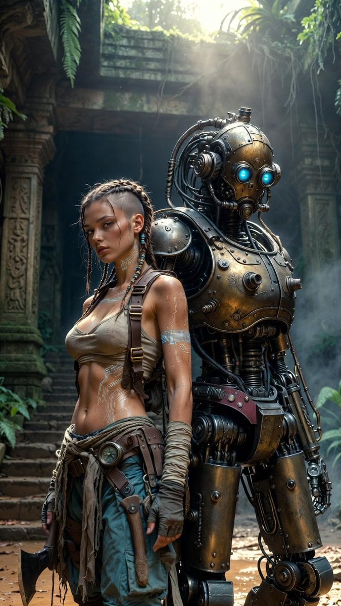 Ultra-photorealistic cinematic sci-fi still. A female adventurer with subtle cybernetic overlay stands on the left, back