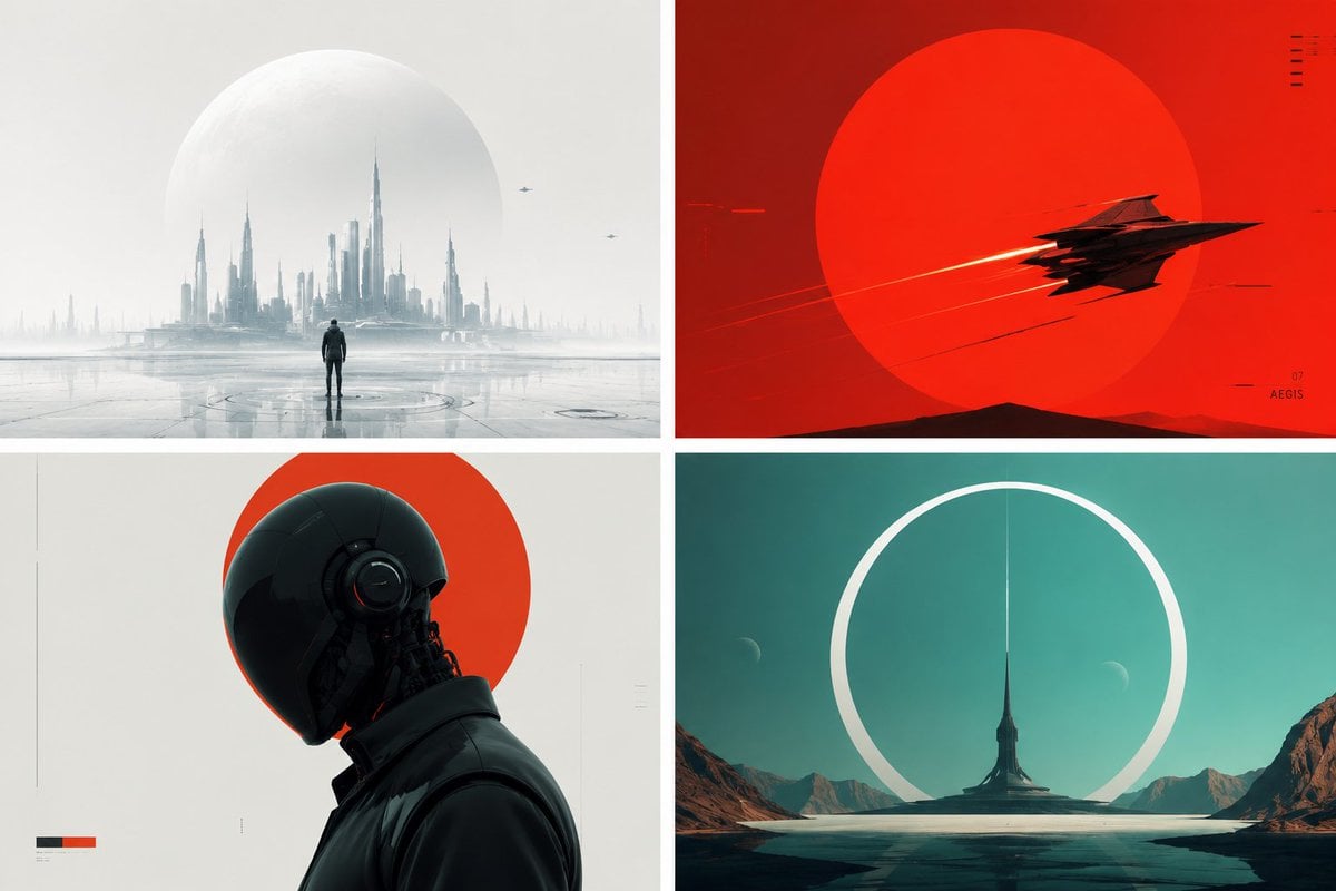 This prompt generates highly stylized, minimalist representations of futuristic subjects, focusing on bold contrasts and