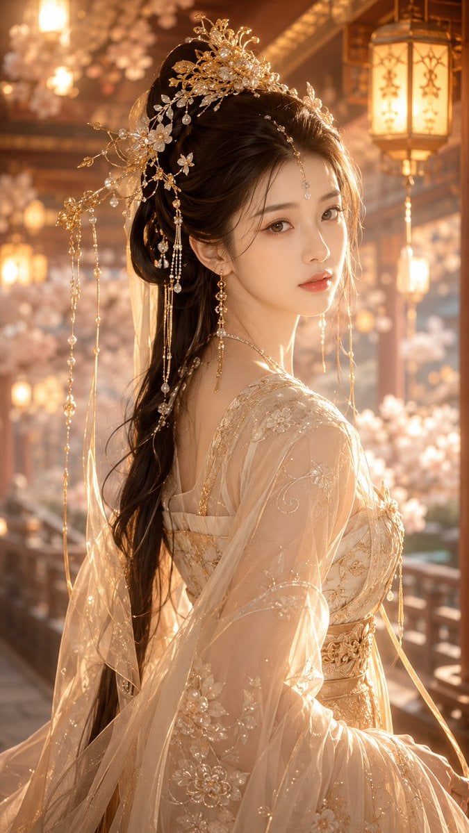 9:16竖版，古风仙侠精修写真，高精度东方幻想女性人像，唐风幻想审美，古偶女主感，画面主体是一位明确成年的年轻东方女性，视觉年龄约22–26岁，气质温柔、贵气、安静、含蓄、清雅，有强烈女主感但不张扬。

人物五官为精致东方淡颜，柔和小鹅蛋脸