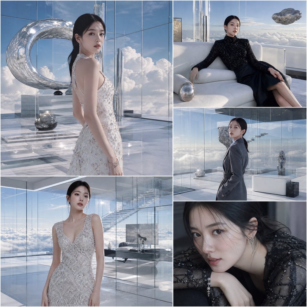 A luxury fashion collage featuring a stylish Korean female celebrity inside a fully transparent architectural mansion su
