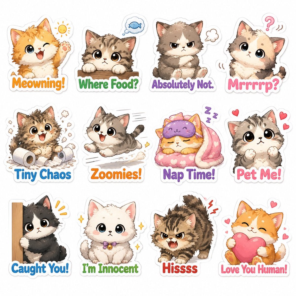 Cute illustrated chibi cat sticker-pack, fluffy kitten design, expressive eyes, playful poses, white background, thick s