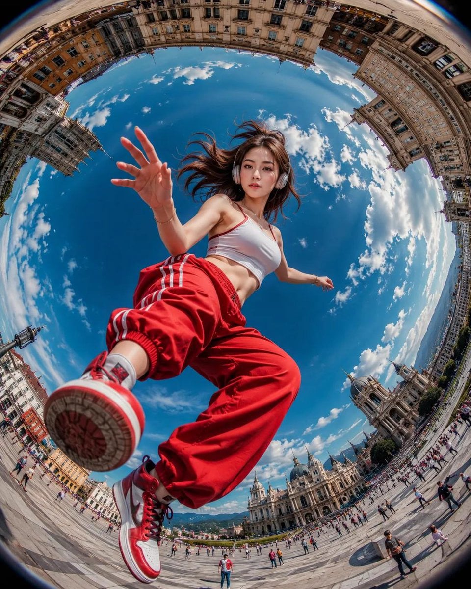 Ultra-realistic action photography, extreme fisheye lens (8mm), worm’s-eye view from ground level, dynamic urban plaza s