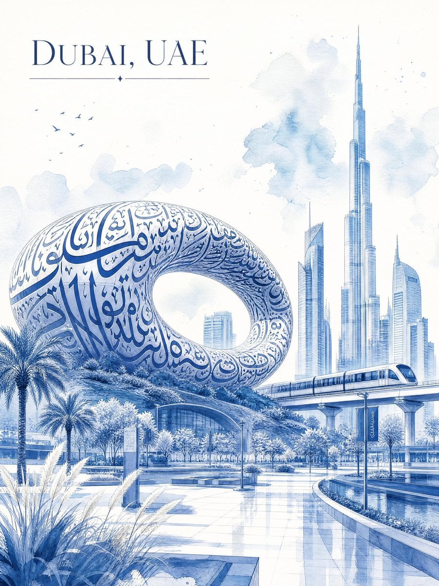 Ultra-luxury minimalist watercolor travel poster of Dubai, UAE, rendered in elegant monochromatic cobalt-blue watercolor
