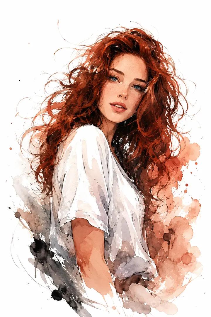 Portrait of a young woman with long messy curly red hair, wearing loose white t-shirt, looking over shoulder, soft facia