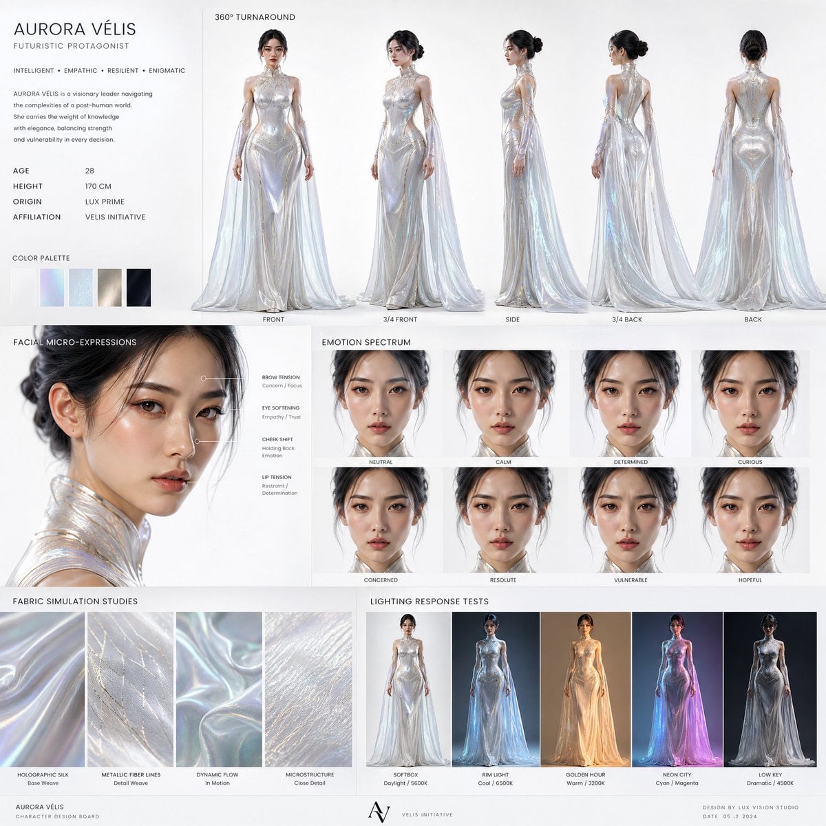 Create a high-end cinematic character design board of a futuristic female protagonist for a premium drama film.
She has 
