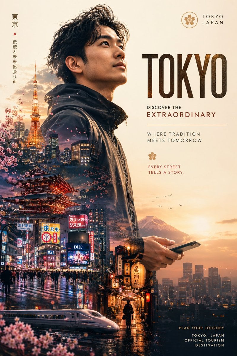 Create image Ultra-premium destination marketing poster featuring a stylish modern traveler, created in an elegant doubl