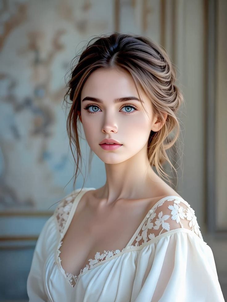 Ultra-realistic close-up portrait of a beautiful young woman, delicate facial features, mesmerizing light blue eyes, fla