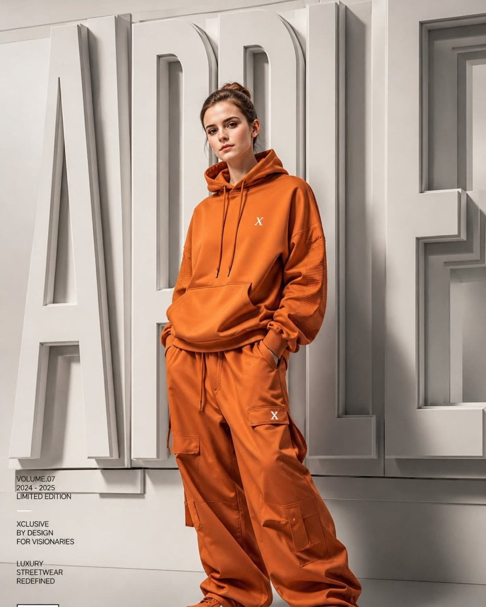 A high-end fashion campaign poster featuring a young model standing confidently in front of gigantic 3D typographic lett