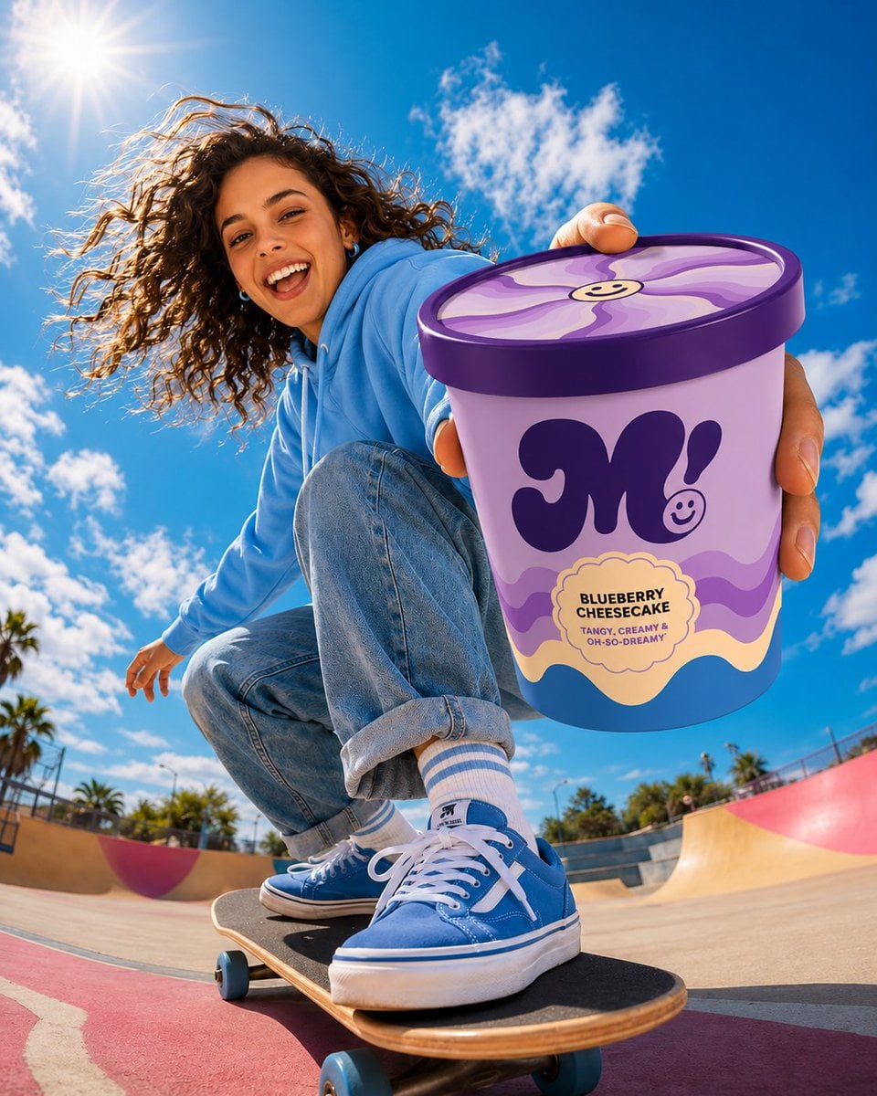 {
 "Ultra-realistic commercial product photography, low-angle wide lens shot at a vibrant outdoor skatepark, cheerful yo