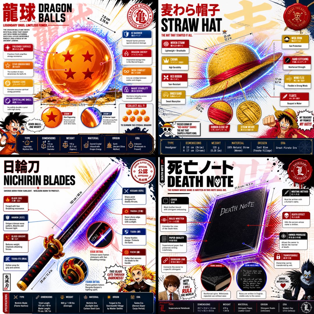 [Brand Name: 1:1 square anime infographic poster, premium official fanbook spread style — like the Demon Slayer Kimetsu 