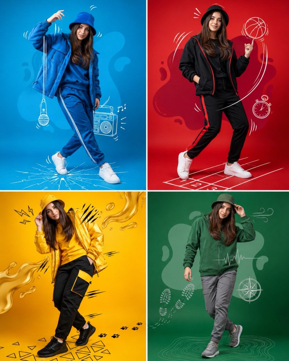 Create a high-end fashion advertising poster inspired by color[Primary Color: ful sportswear campaigns]. Full-body pose,