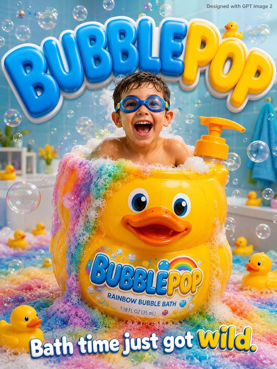 A fun bubbly kids advertisement poster. An excited young boy age 5 in swimming goggles sits inside a giant rubber duck s
