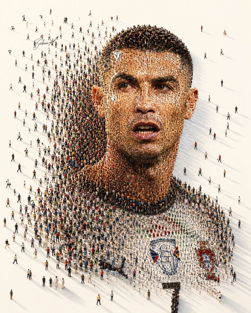 Ultra-detailed crowd mosaic portrait of a legendary football player, created entirely from thousands of tiny people stan