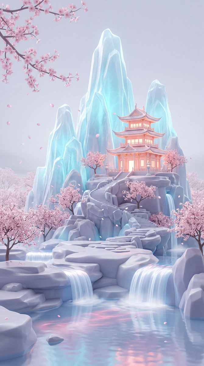 A dreamy pastel fantasy landscape in a vertical composition, showing a glowing [Hero Subject: East Asian] pagoda-style t