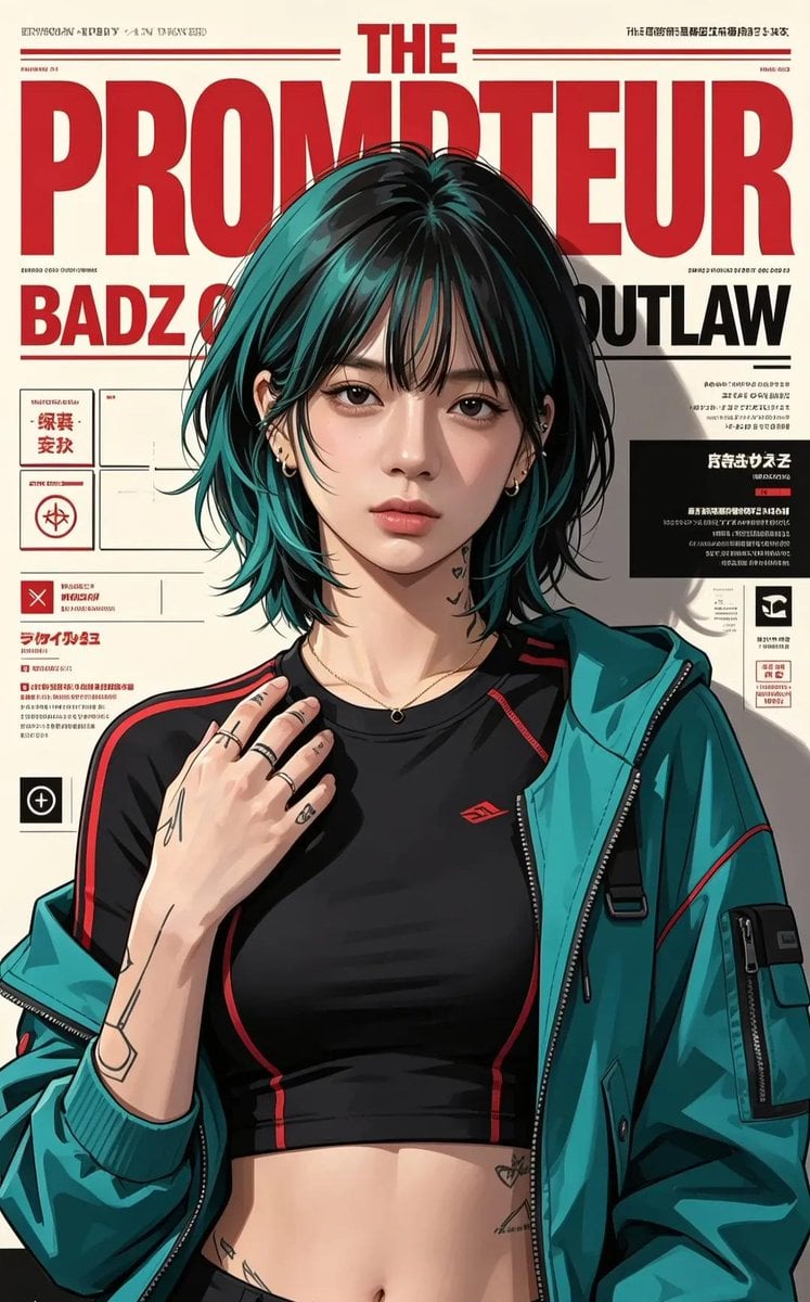 Ultra-detailed anime/editorial magazine cover illustration of a stylish cyberpunk-inspired young woman with short layere