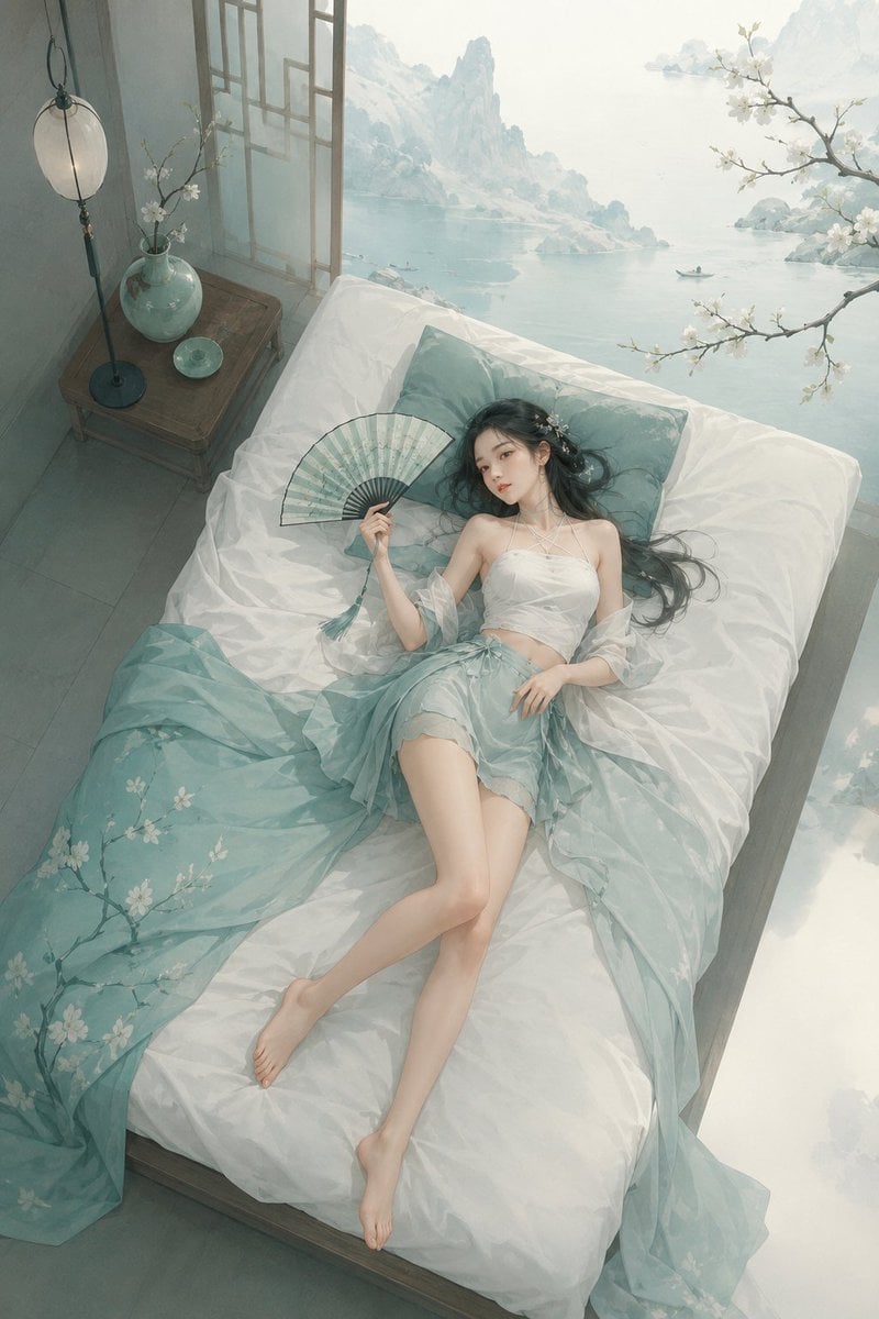 极简东方禅意半写实插画，主体为[主体]，青绿颜色体系，较强饱和对比，画面空灵静谧，大面积留白，带轻雾感、静止空气感和朦胧远景层次，可结合极简空间、湖面、远山、器物、枝条等东方意象。柔和漫射光，边缘干净柔和，整体安静、克制、清冷、诗意。若有人