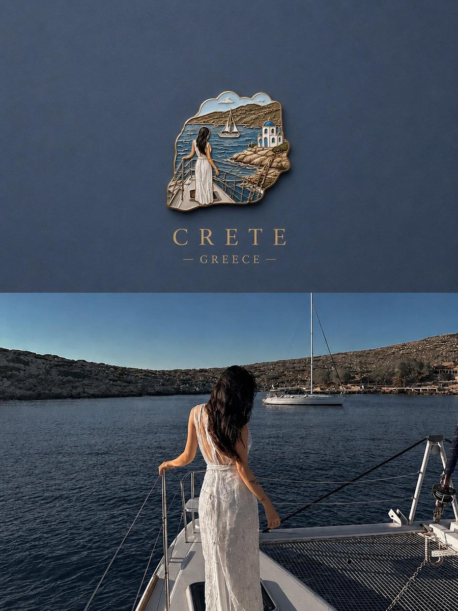 Create a premium travel poster featuring a miniature 3D souvenir badge floating on a clean matte background. The badge c