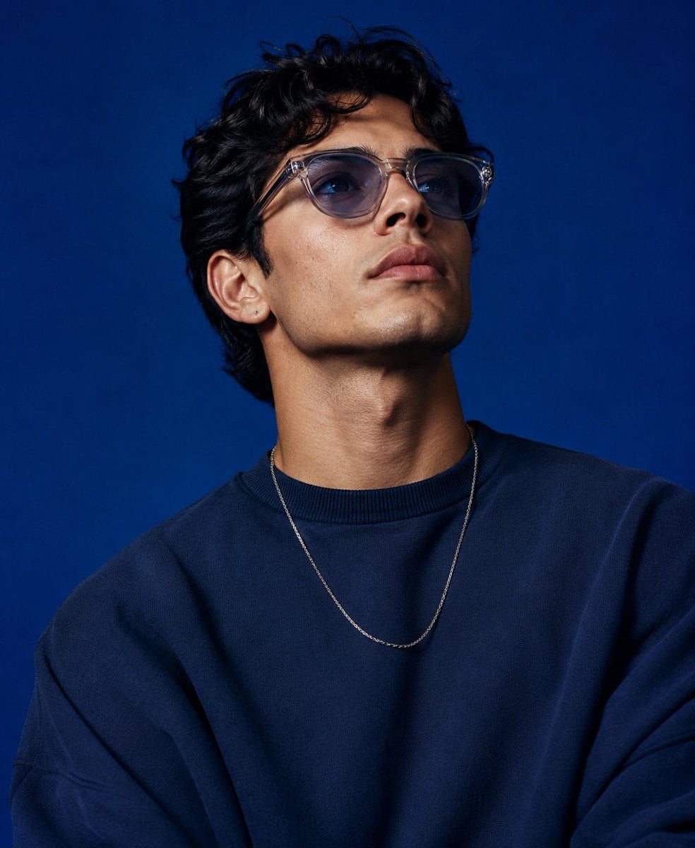 Create a high-end studio fashion portrait inspired by the uploaded blue-background reference photograph. Recreate the or