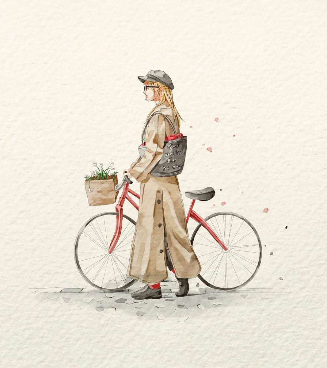 A delicate watercolor fashion illustration on textured off-white handmade paper. A young woman in side profile walking b