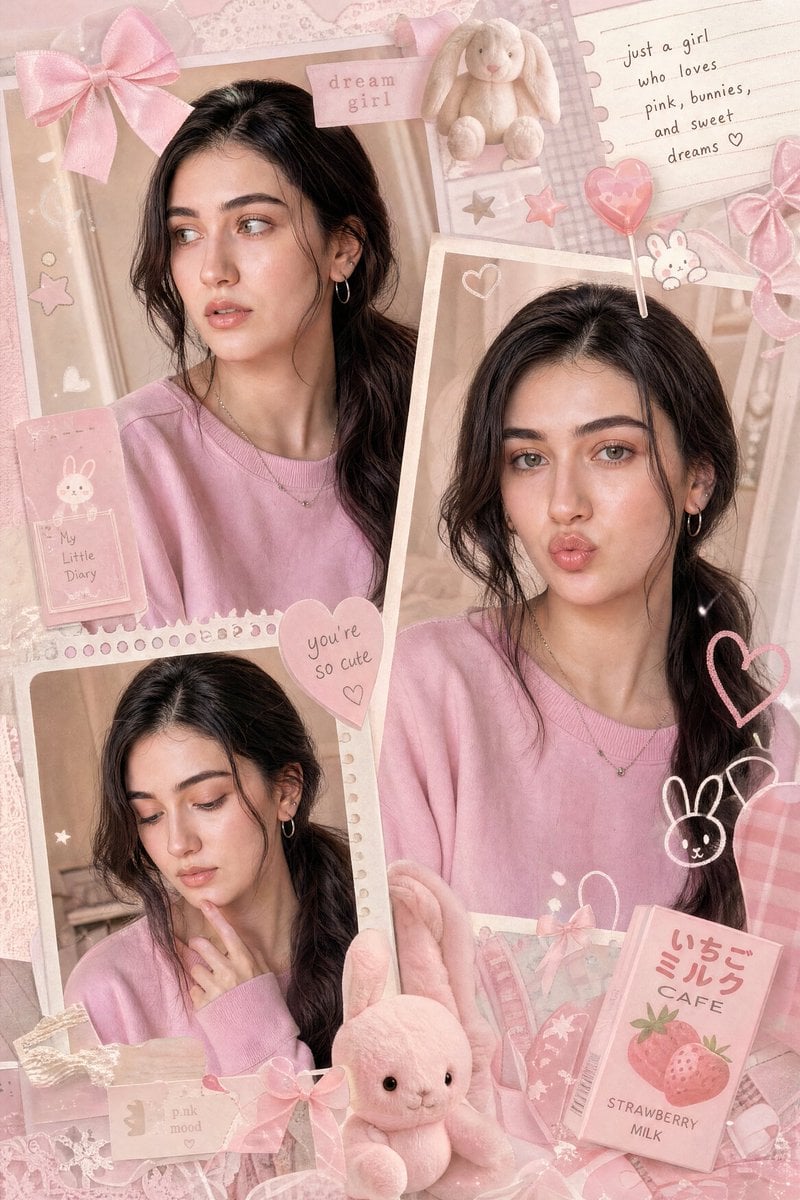 A dreamy multi-frame pastel pink aesthetic collage featuring a cute young girl with long silky black hair tied in a low 