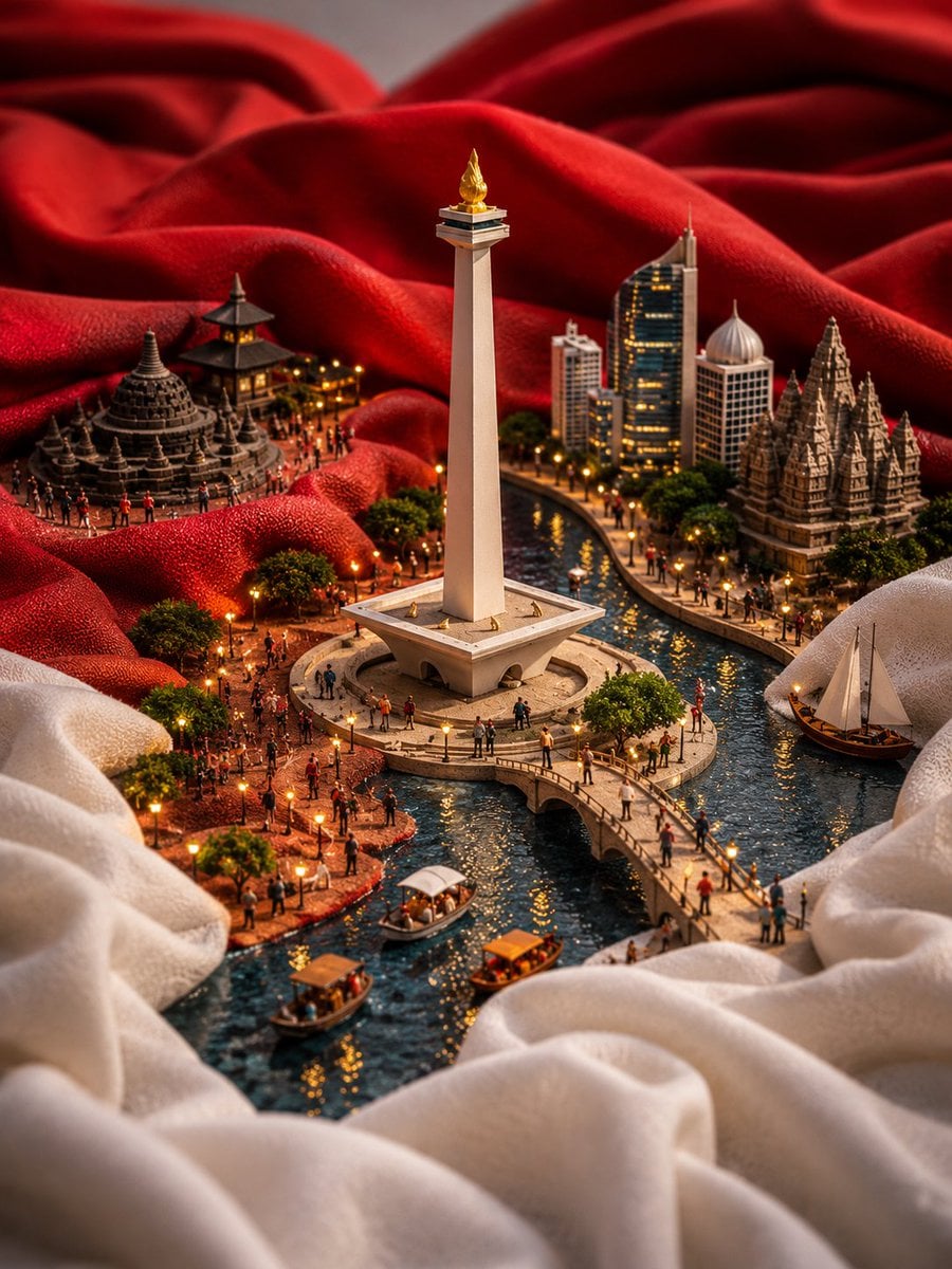Ultra-detailed miniature diorama of China built into the folds of a giant flowing Chinese flag, photographed in a cinema