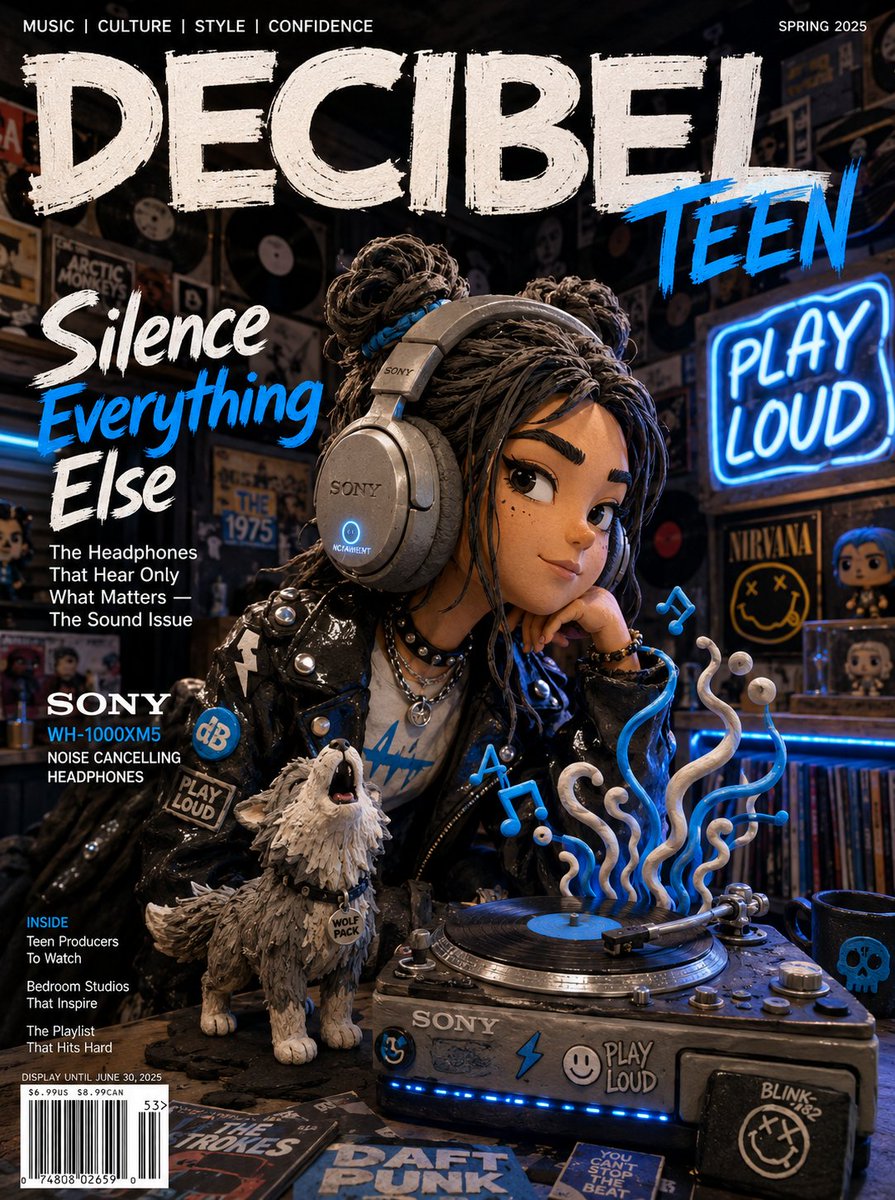 [SUBJECT]: A bold claymation teenage girl with clay space buns and a vinyl clay jacket, wearing oversized Sony WH-1000XM