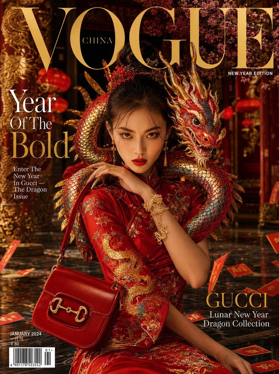 VOGUE CHINA NEW YEAR EDITION luxury fashion magazine cover

A fierce and radiant young woman in a red silk embroidered q