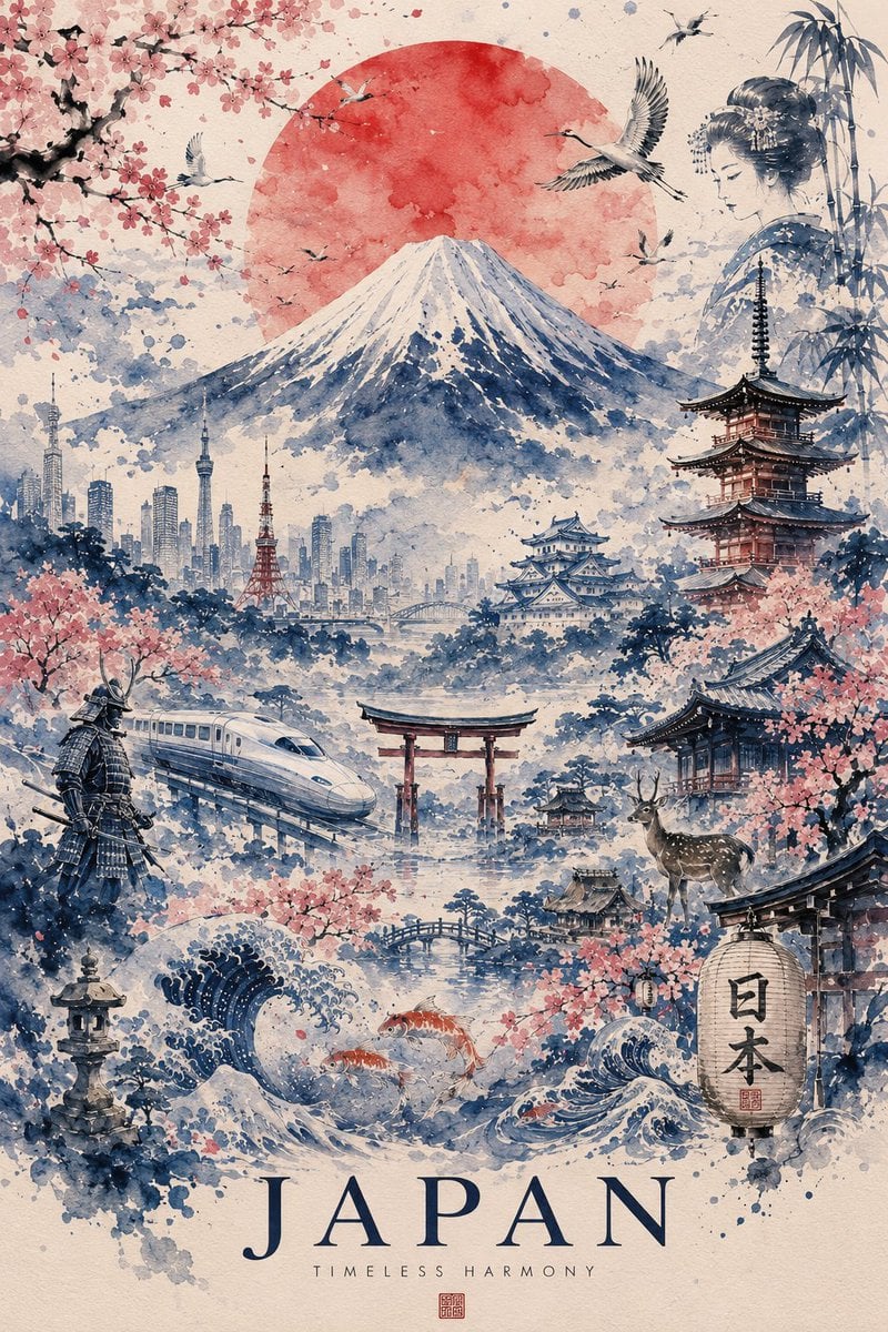 Ultra-detailed watercolor travel poster of Japan, painted in a refined traditional Japanese ink-and-wash (sumi-e) style 