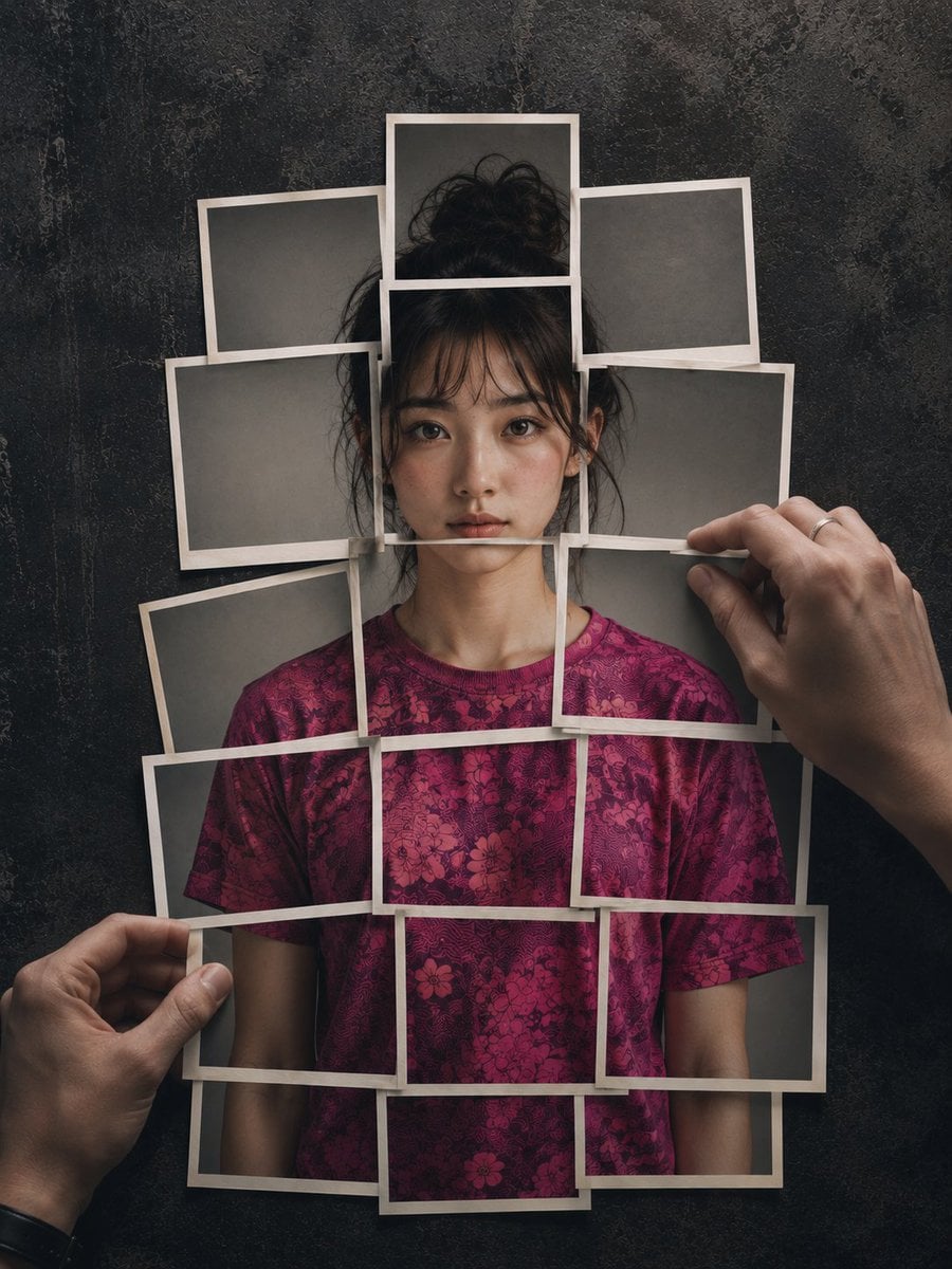 Hyperrealistic 8K photograph of a human figure composed of instant photographic prints layered on a dark, distressed, sl