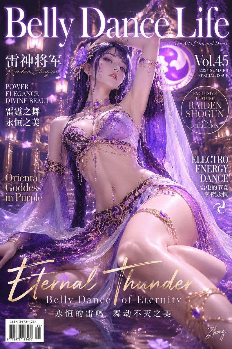 指定角色：芙宁娜《原神》

真人摄影风格的高端肚皮舞主题时尚杂志封面 / 宣传海报。

请基于当前指定角色，自动识别并提取其来源作品、世界观、身份设定、标志性发型发色、瞳色、经典服装语言、代表配色、能力元素、阵营符号与性格气质，并将这些特征